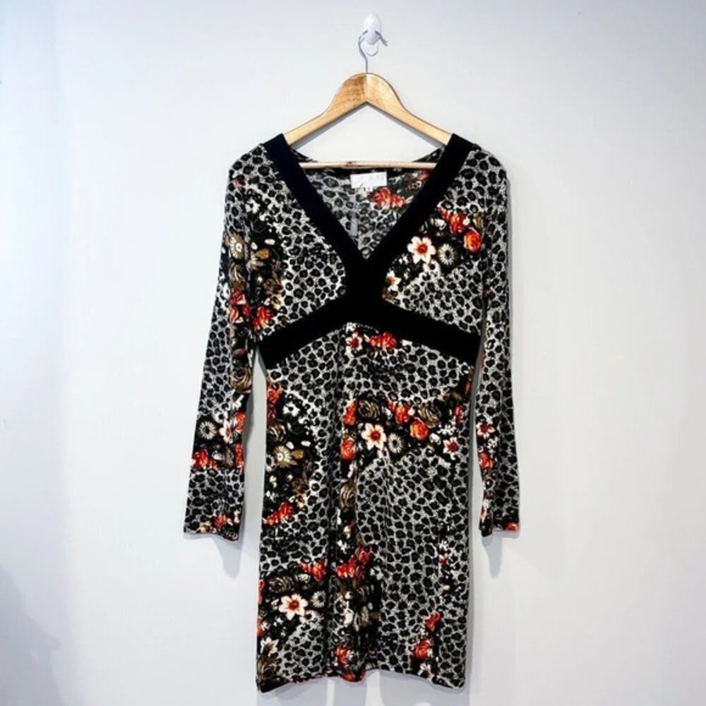 ESHA DESIGN Black White Leopard Floral V Neck Long Sleeve Dress Medium